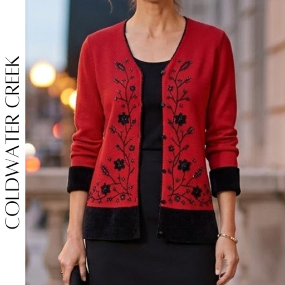 COLDWATER CREEK Red Beaded Floral Cardigan Sweater M Chenille Trim